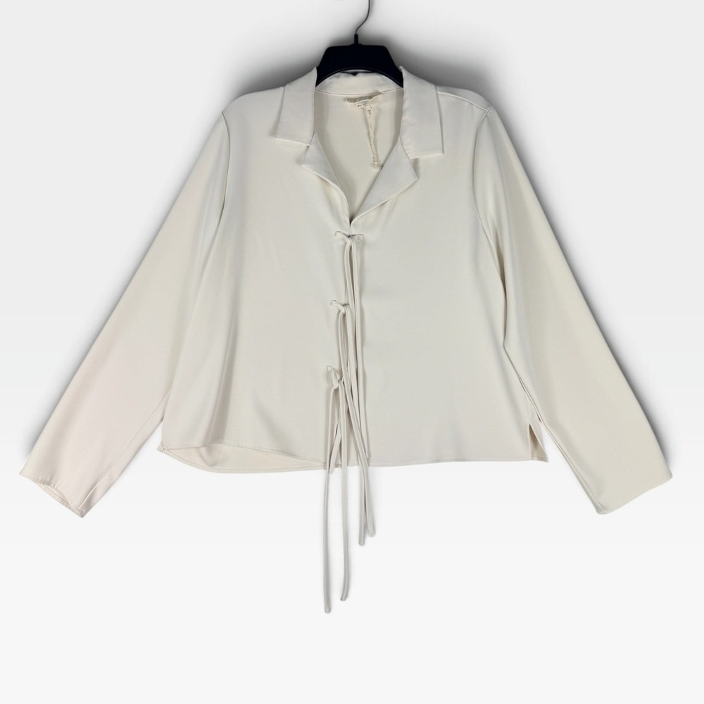 Melloday Tie Front Blouse Womens Large Cream Long Sleeve Satin Style Top